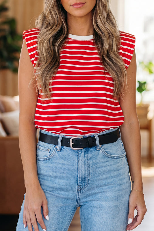 Gestreepte tanktop met ronde hals en losse afwerking
