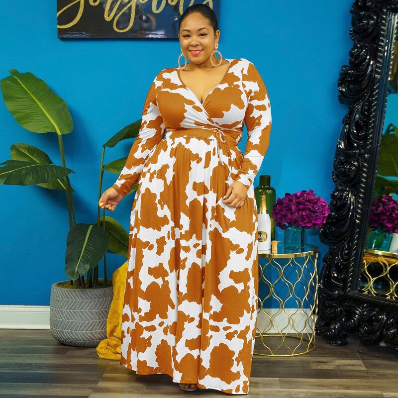 Modieus bedrukte wikkel maxi-jurk met lange mouwen zakken en hoge taille plus size