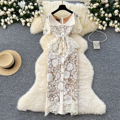 French-Style Hollow Lace Women Dress