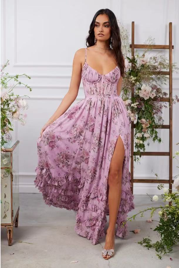 Maxi-jurk van chiffon met bloemenprint split ruches en strikbandjes op de rug