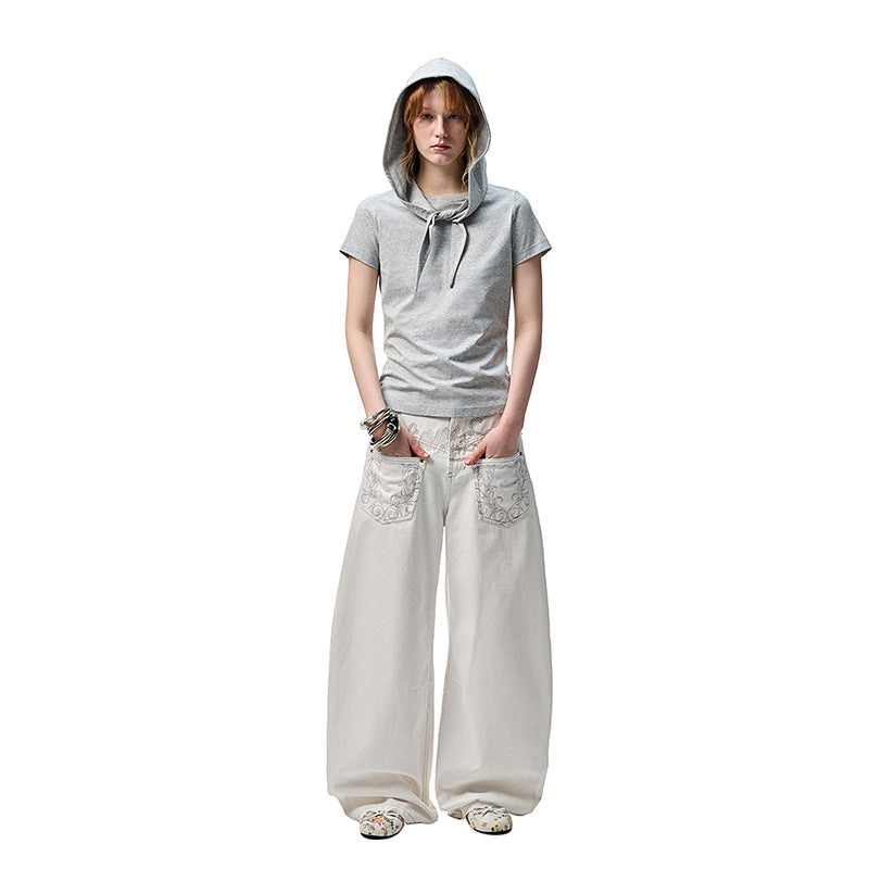 Retro reverse embroidered curved knife jeans for women in summer