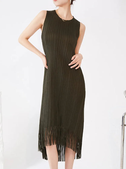 Pleated Dress Women Sleeveless Straight Tassel Summer New Temperament High-end Long Dresses Female Elegant