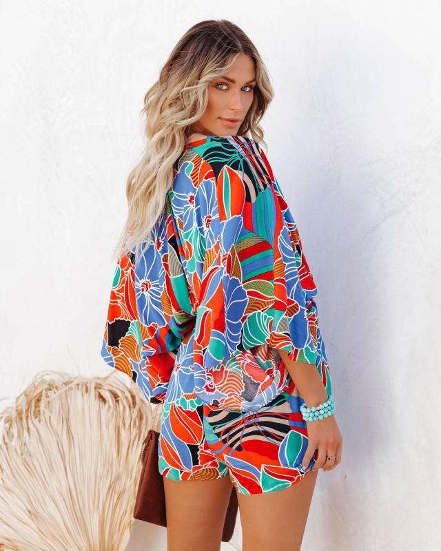 Fashion Printed Waistband Short Sleeved Jumpsuit for Women