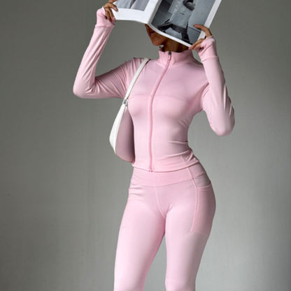 Opstaande kraag lange mouwen ritsjas broek met hoge taille wijde pijpen set