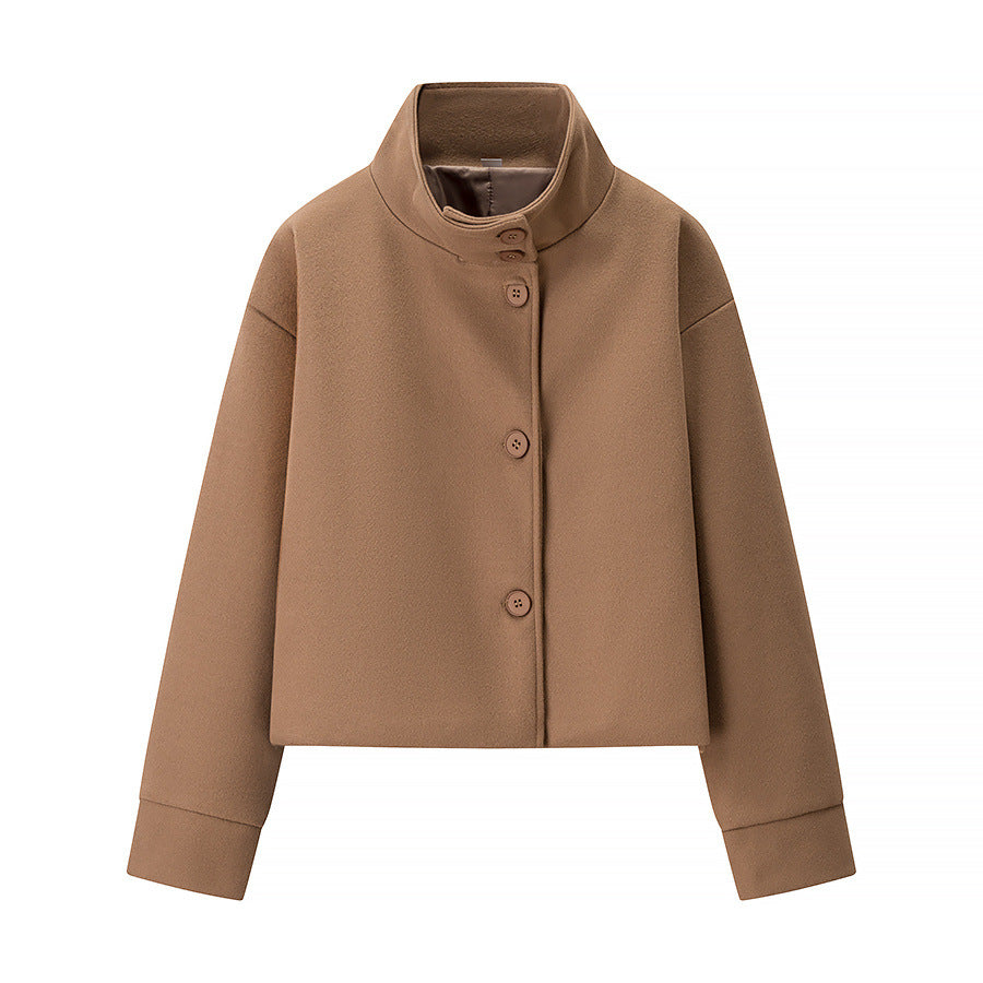 Short Stand-Collar Single-Breasted Elegant Woolen Coat