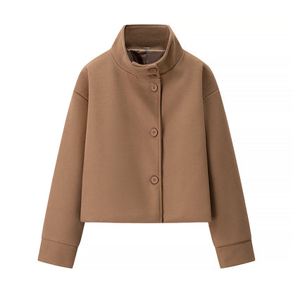 Short Stand-Collar Single-Breasted Elegant Woolen Coat