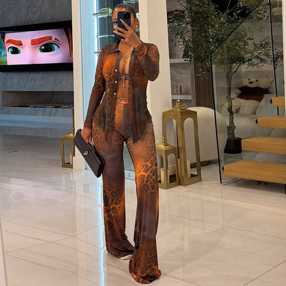 Womens Printed Mesh Cardigan Flared Pants Set