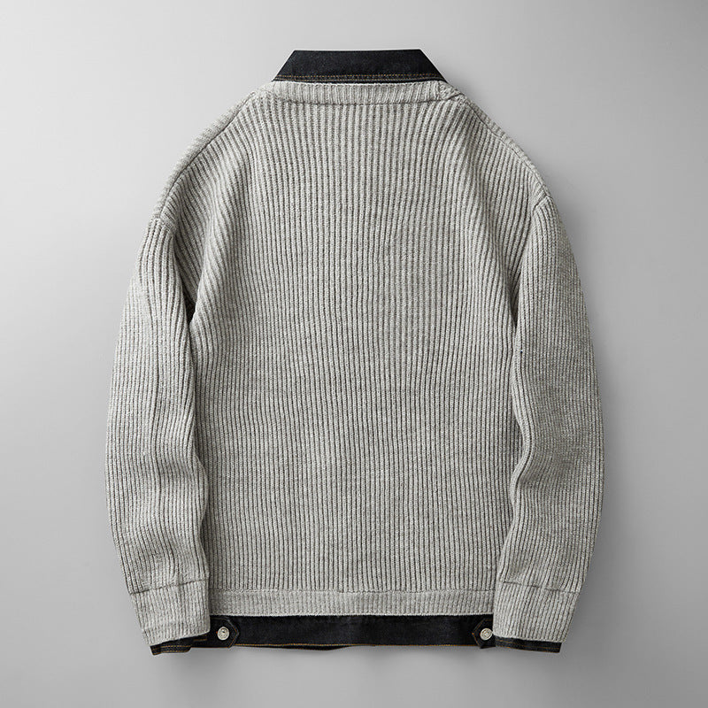 Mens Denim Patchwork Knit Cardigan