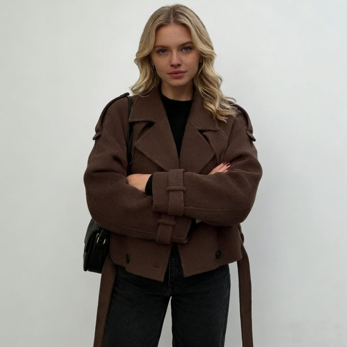 Womens Woolen Lapel Coat Short Belted Jacket