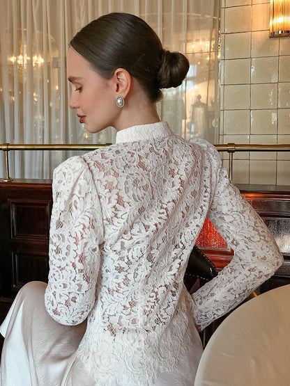 Retro Style Slim Fit Small Stand Collar Puff Sleeve Lace Knit Jacquard Top Women's High-End Shirt