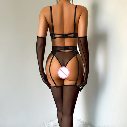 Black Ultra-Thin Sheer Mesh Patchwork Shapewear Five-Piece Set with Gloves