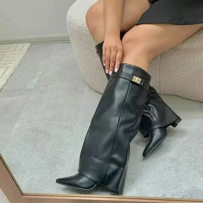 Metal Buckle Medium Long Boots Plus Size Thick Heel Pants Boots Women's Boots