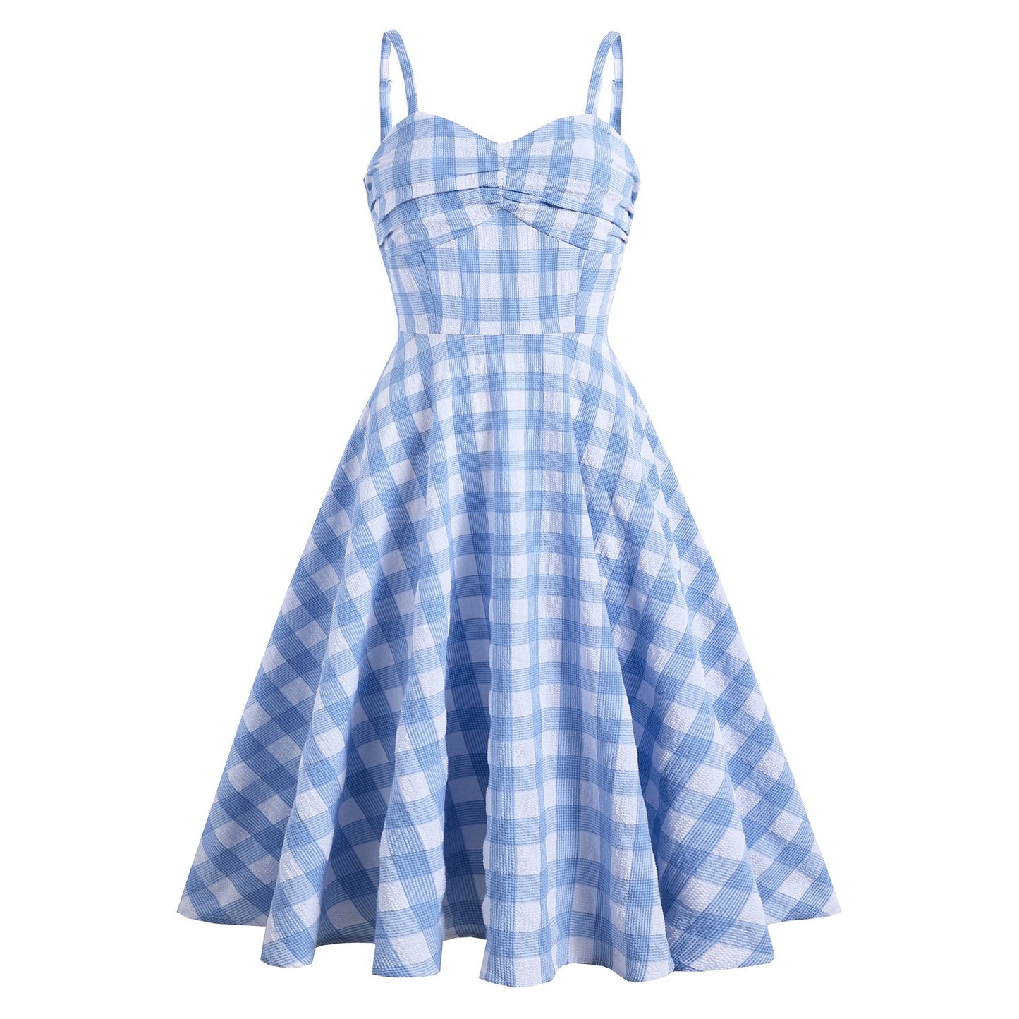 Blue and white English style suspender with a straight line collar, waist cinching large hem dress for women in summer