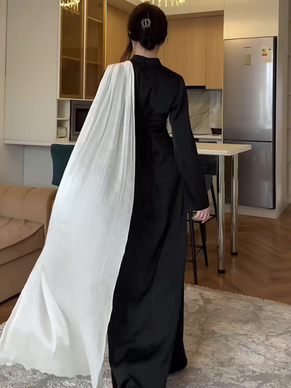 Contrasterende kleur sjaal taille lange mouw maxi-jurk