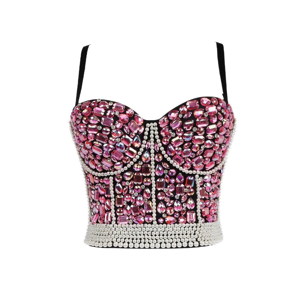 Rhinestone Beaded Fitted Bustier Bralette Camisole Small Strap