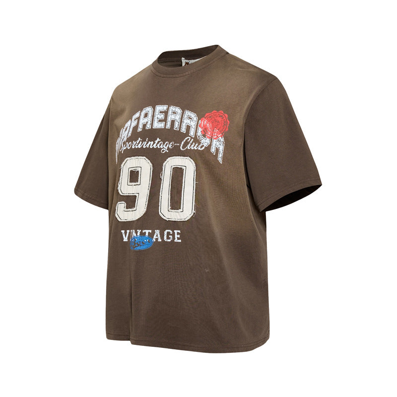 Retro T-shirt met spuitverf borduurwerk en korte mouwen