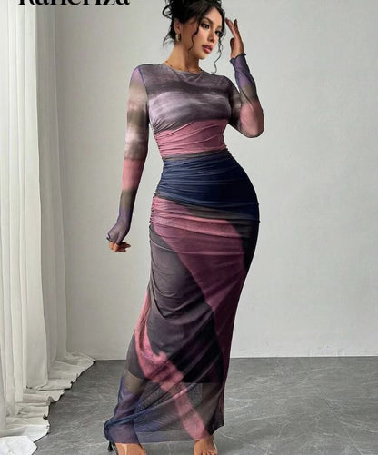 Mesh Print Sleeveless Ruffled Detail Bodycon Round Neck Dress