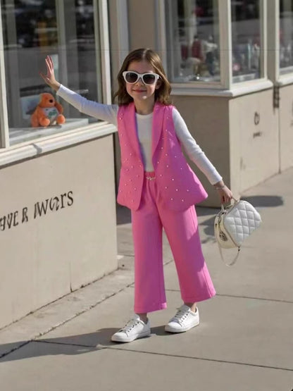 Girls' three-piece set: pink beaded blazer