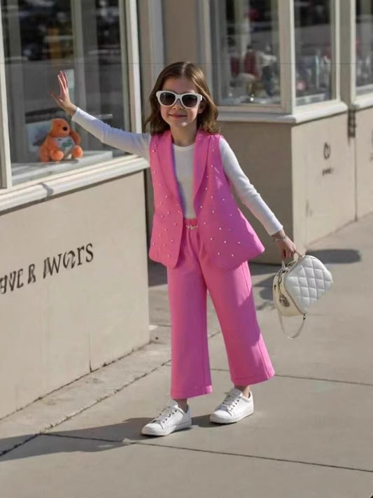 Girls' three-piece set: pink beaded blazer