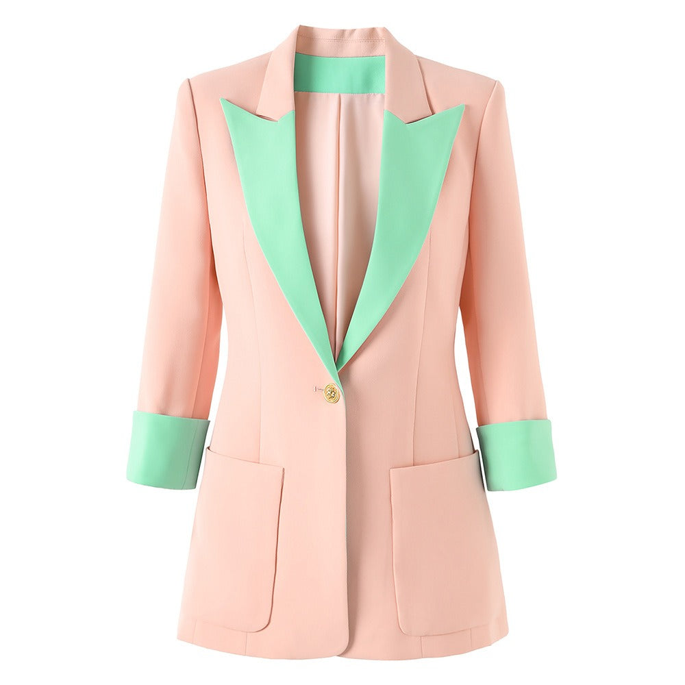 Splicing jacket for women spring and summer seven quarter sleeved suit jacket pink single breasted jacket commuting jacket