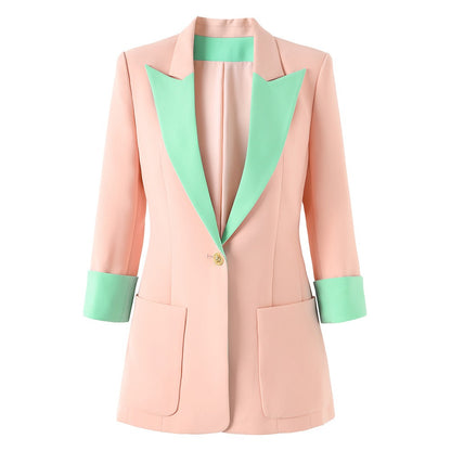 Splicing jacket for women spring and summer seven quarter sleeved suit jacket pink single breasted jacket commuting jacket