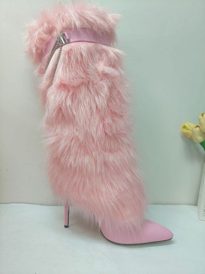 Pointed-toe furry boots high heels