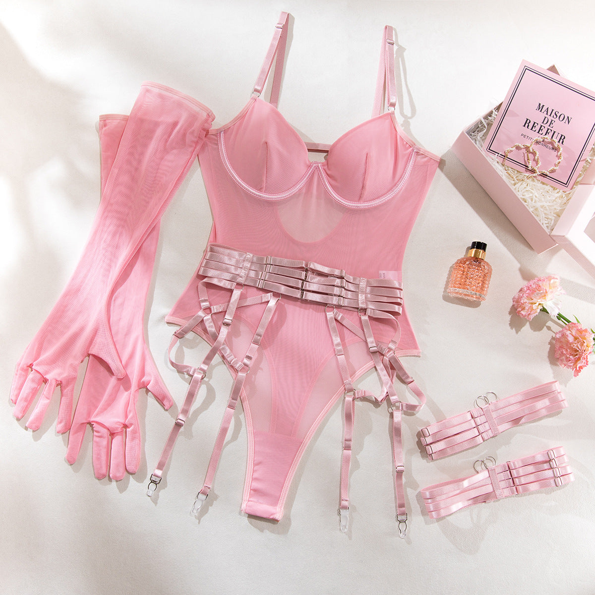 Sexy Lingerie One-Piece Bodysuit with Gloves and Bandage Transparent Mesh Underwear