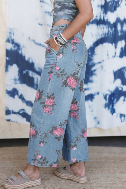 Sky Blue Garden bloemenprint bootcut jeans met hoge taille