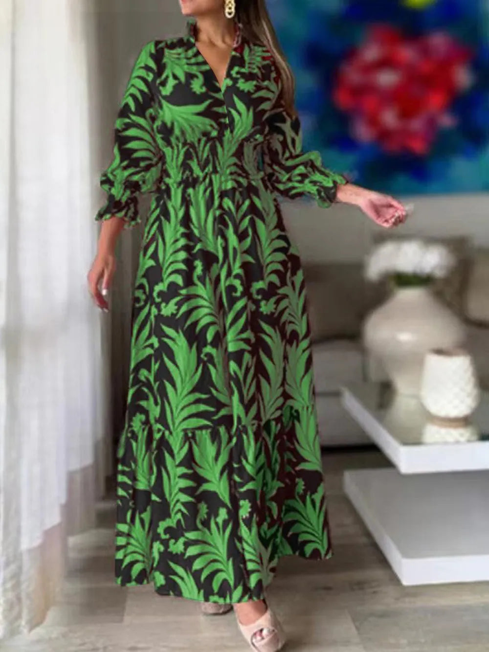 Maxi-jurk met print en ruchesmouwen