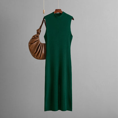 Solid Color Fitted Elastic Knit Sleeveless Pinafore Dress Versatile Bodycon Dress