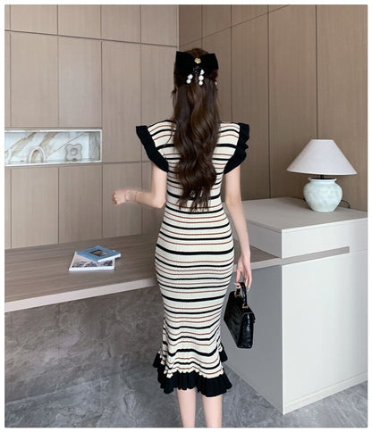 OFF summer streetwear chic korean new in fashion stripe bodycon knitted midi dresses for women casual ruffles O-neck dress femme