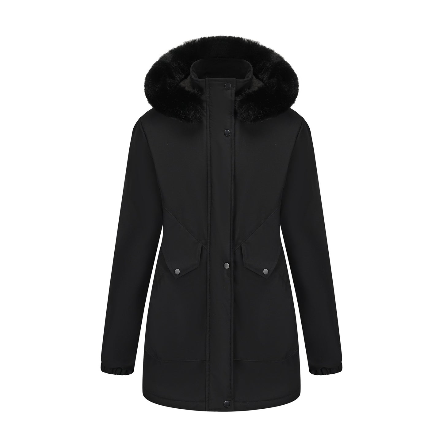 Dames katoenen jas met grote bontkraag en middellange lengte