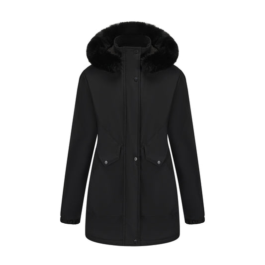 Dames katoenen jas met grote bontkraag en middellange lengte
