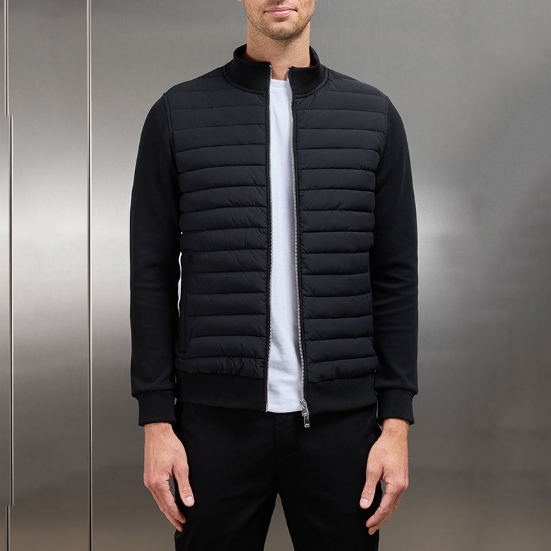 Men Lightweight Down Cotton Jacket Stand Collar Knitted Patchwork