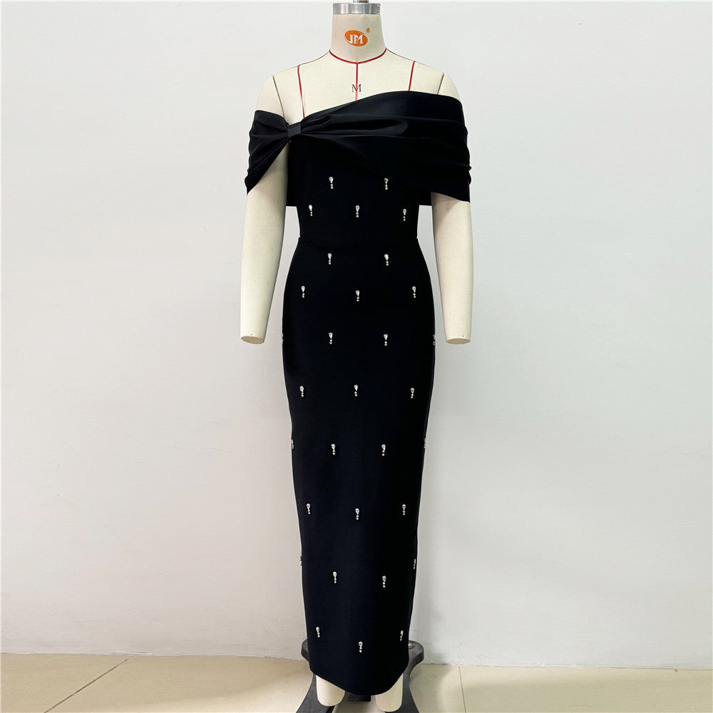Women Elegant Off Shoulder Rhinestone Bandage Party Dress