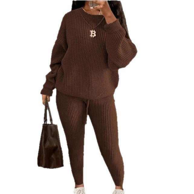 Womens Casual Knitwear Suit Long Sleeve Two Piece Pants Set