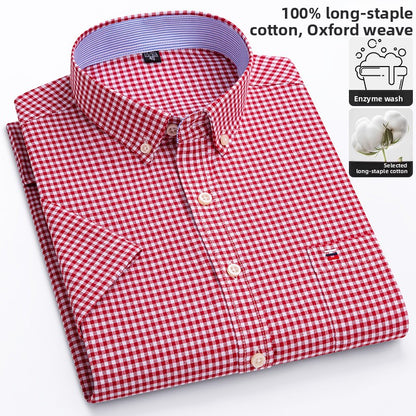 Men's 100% Cotton Plaid Short Sleeve Shirt Oxford Casual Square Collar