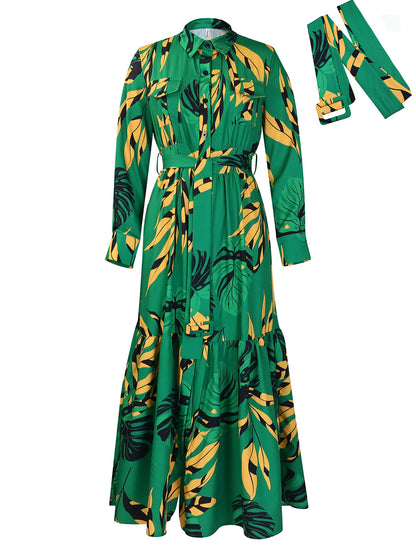 Revers vetersluiting bedrukt lange mouwenmaxi-jurk