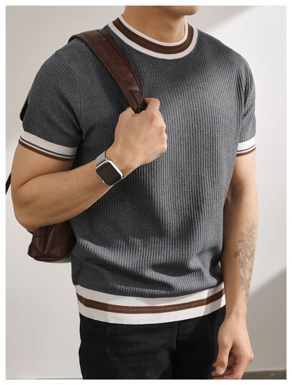 Men's Striped Ice Silk Knit Polo Shirt Short Sleeve Slim Fit Summer Top