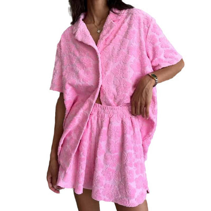 Women's Jacquard Floral Print Short Sleeve Pajama Two-Piece Set