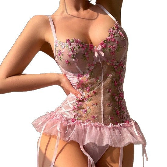 Sexy Pink Transparent Floral Embroidered Mesh Romper Lingerie