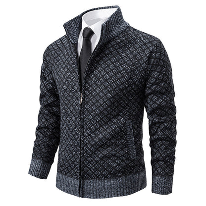 Autumn and Winter Velvet Thickeneded Casual Cardigan Sweater Men's Stand-Up Collar Outer Hooded Zipper Knitted Sweater Jacket