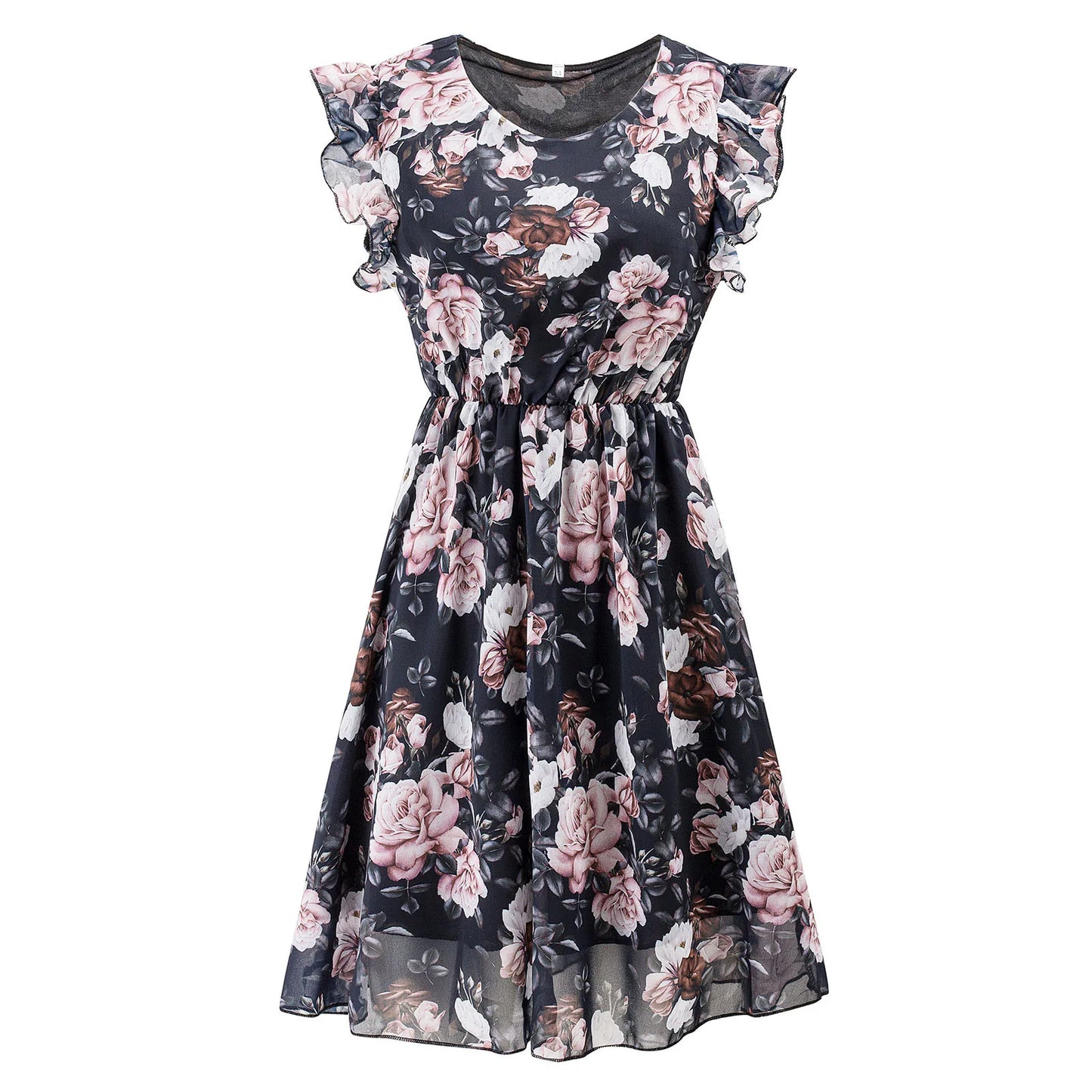European And American Lace-Up Mini Dress Chiffon Print Short-Sleeved Dress Ruffled Dress For Women Maxi Vestidos Largos