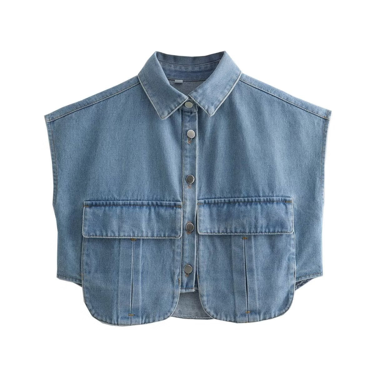 Effen mouwloos hoogwaardig denim vest met grote zakken