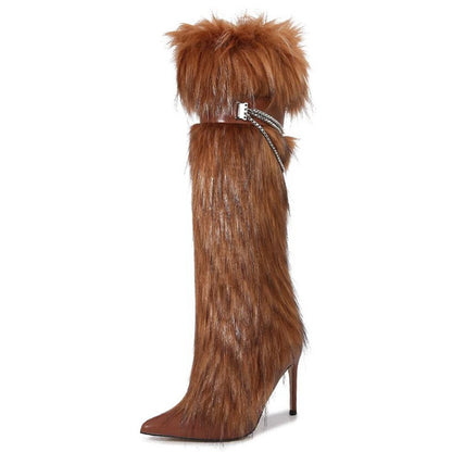 Pointed-toe furry boots high heels