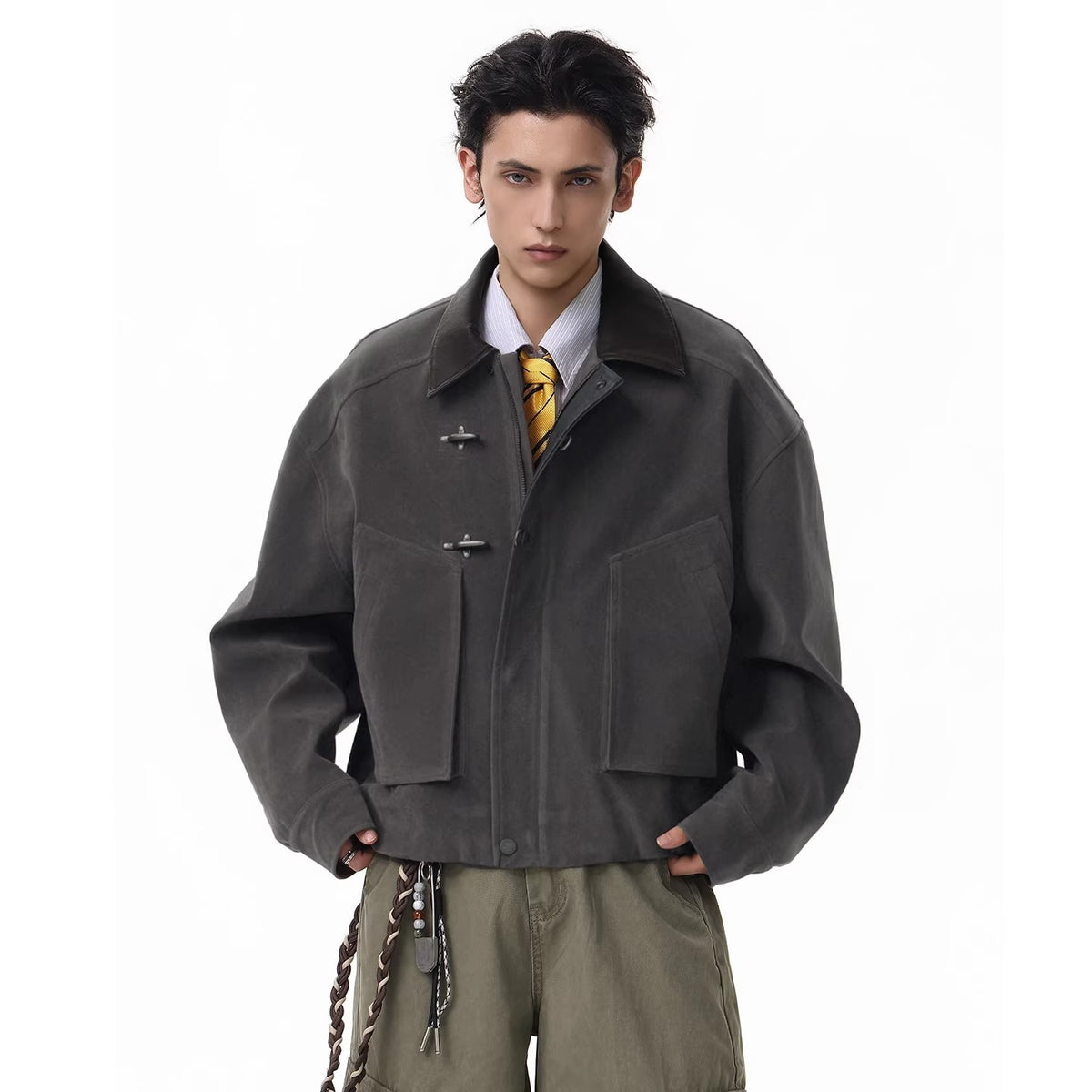 Boxy BarnStyle Jacket with Leather Collar