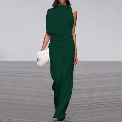 Womens Solid Color One Shoulder Ruched Collar Jumpsuit