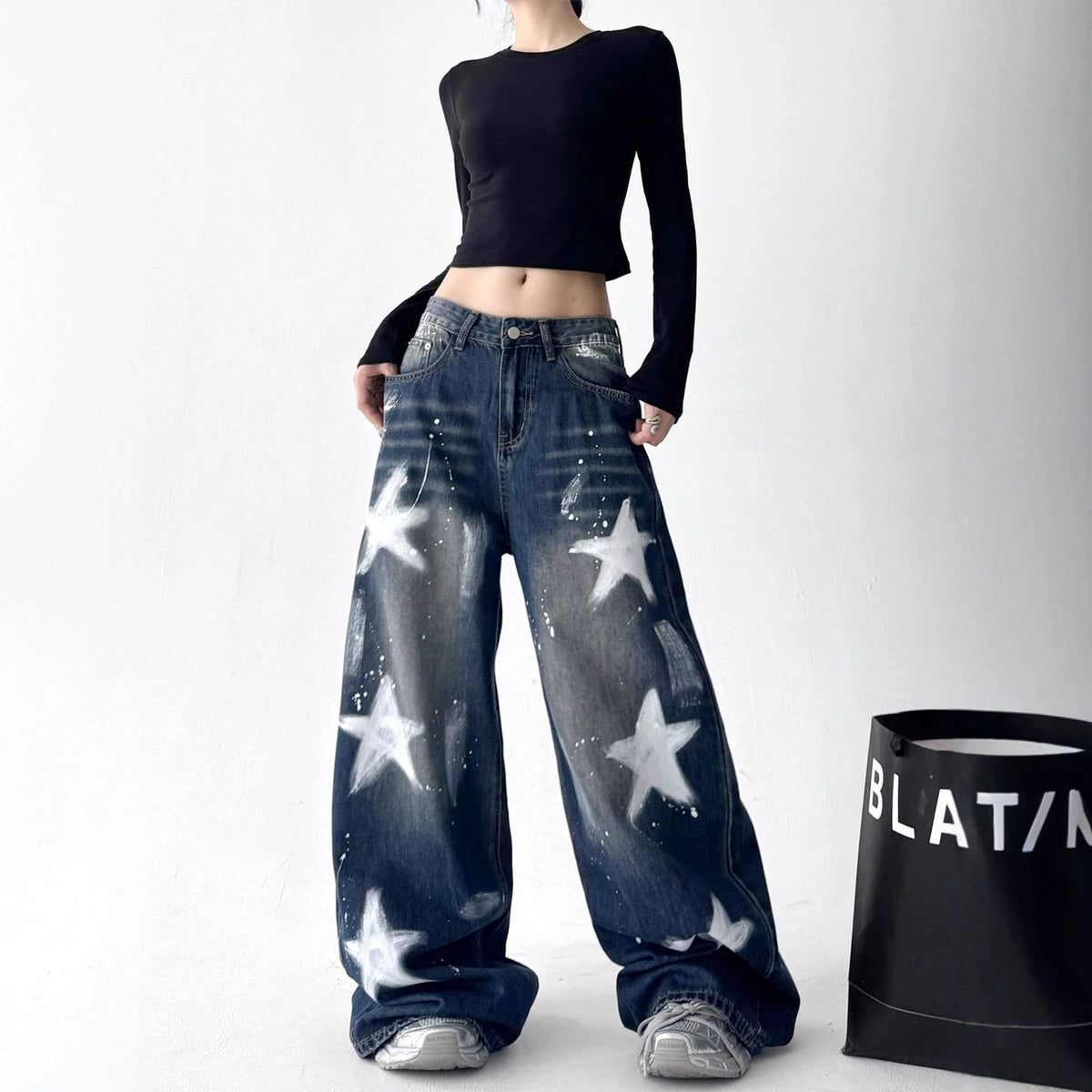 Retro Star Graffiti Wide Leg Jeans