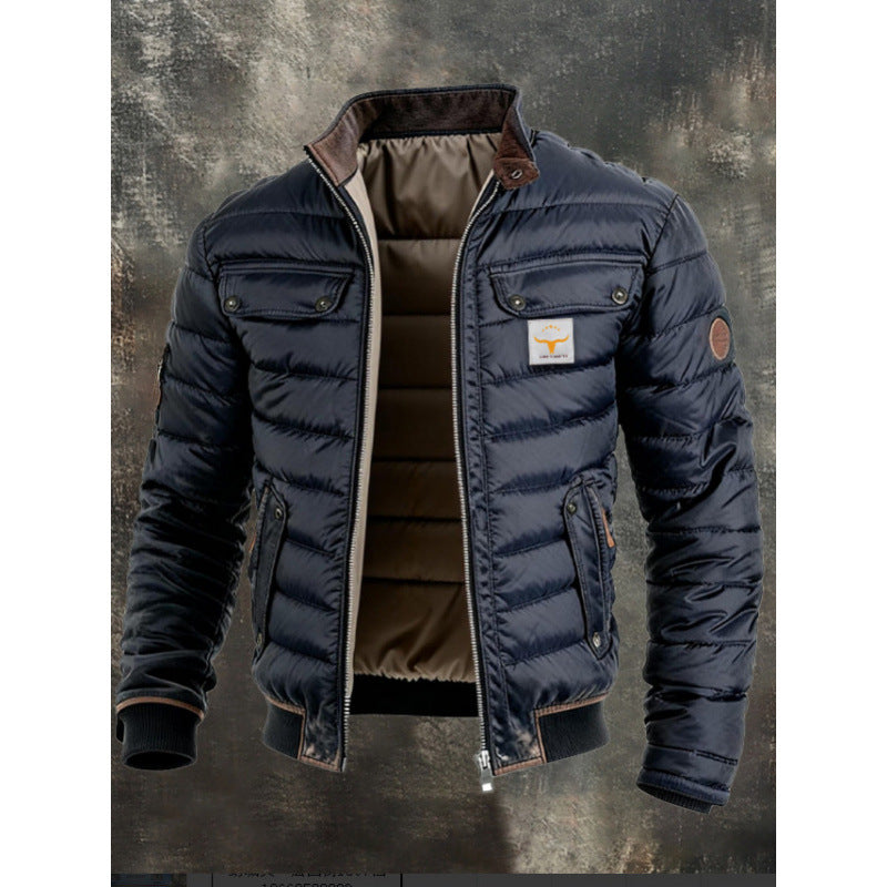 Men's Retro Quilted Zip-Up Jacket with Cotton Filling