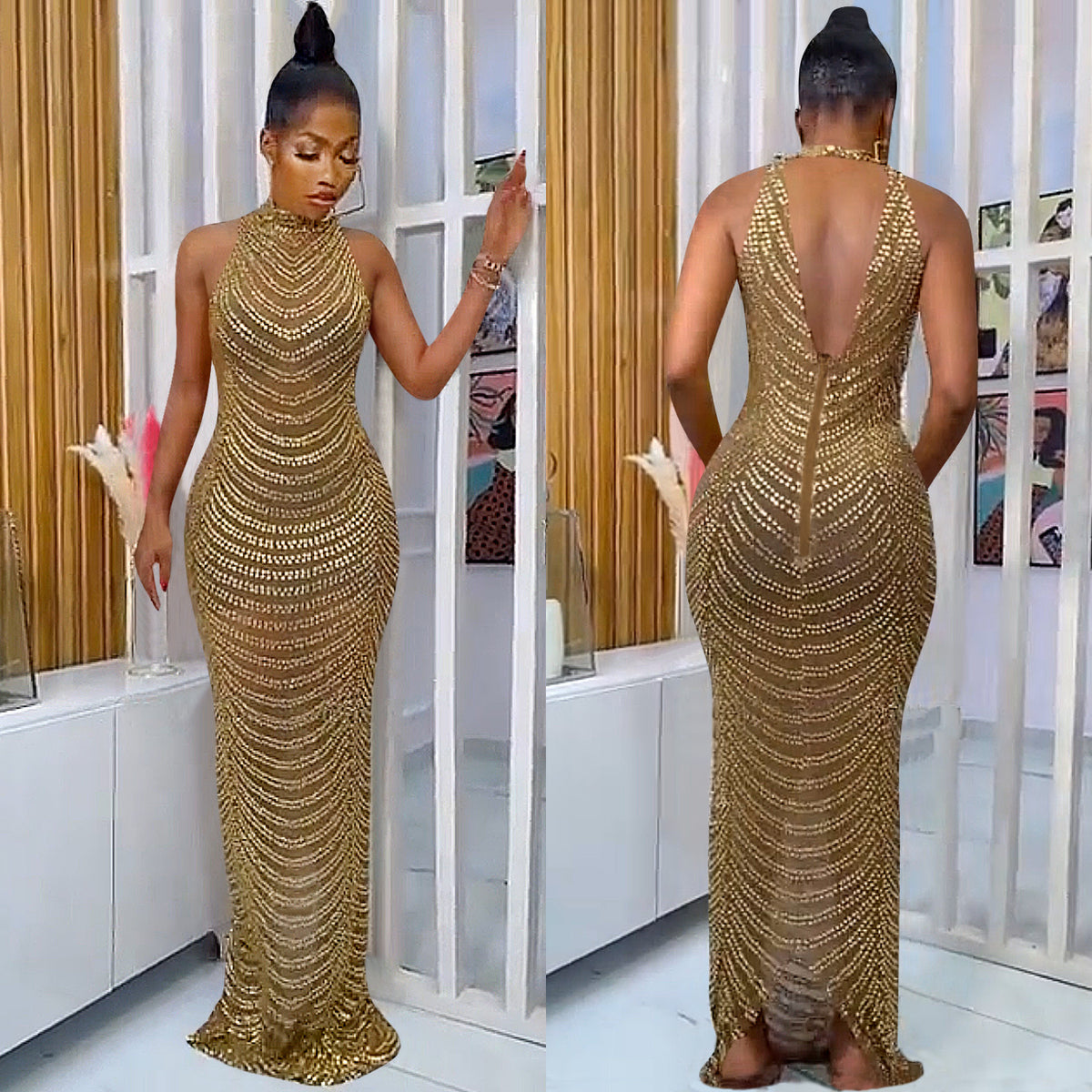 Elegant Diamond Backless Long Dress